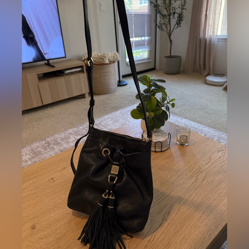 Black Leather Tassel Bucket Bag - Michael Kors